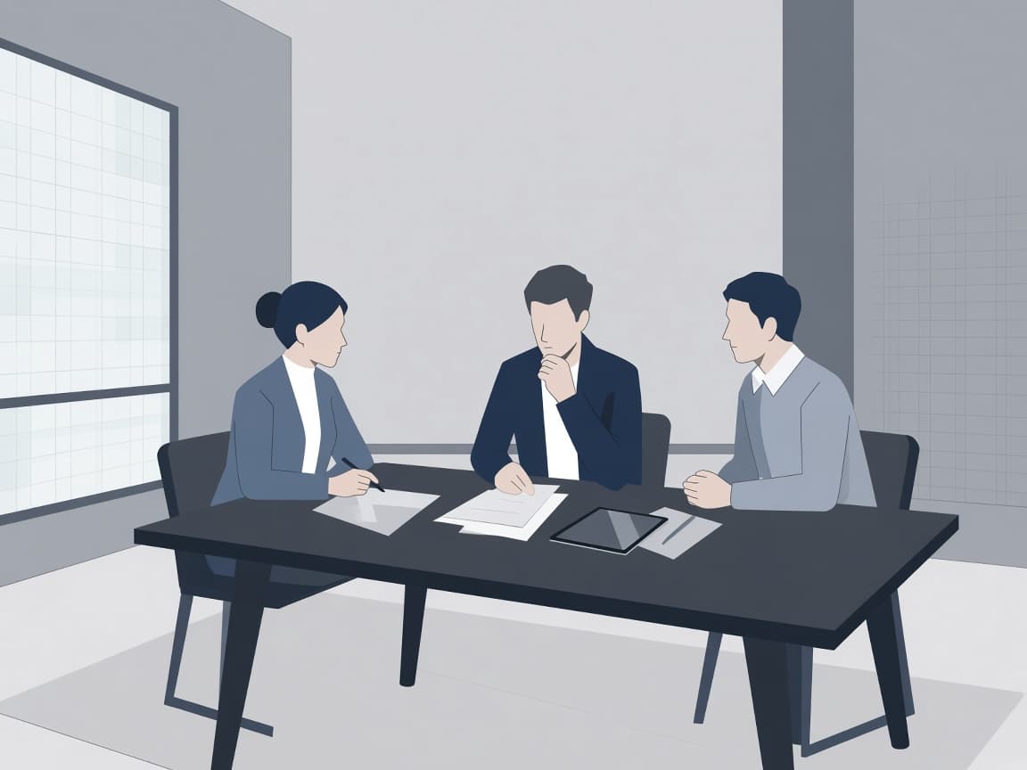 テーブルを囲んで話している3人のイラスト
