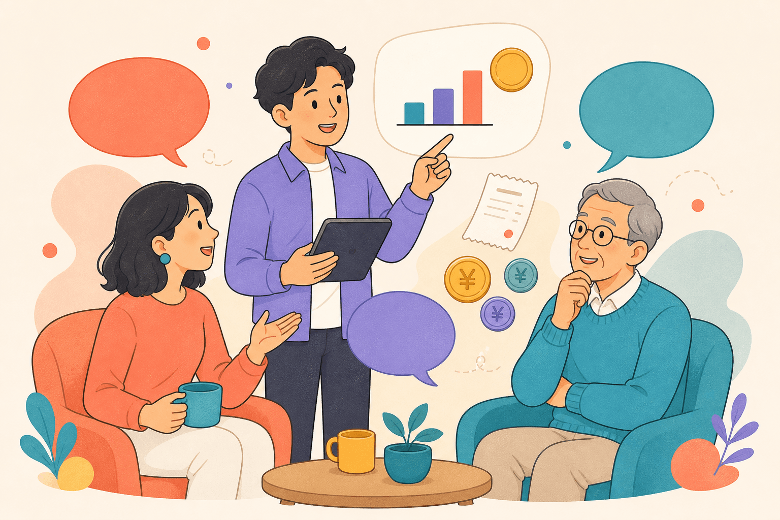 政治について話し合う3人のイラスト