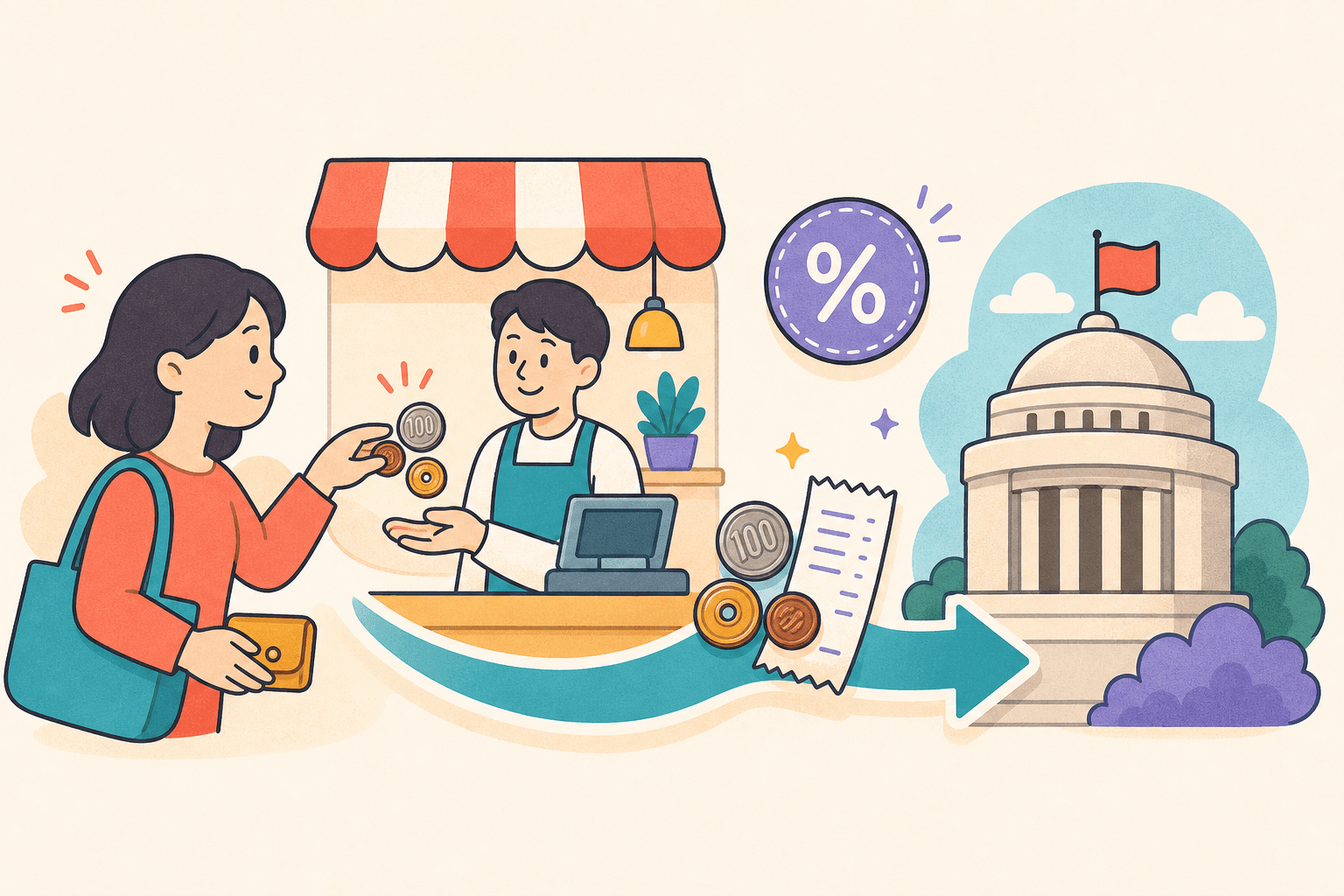 買い物客・お店・国のあいだをお金と消費税が流れるイラスト